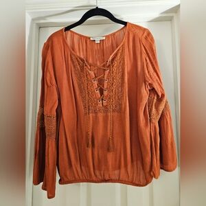American Eagle Outfitters Red Tie Front Long Sleeve Blouse
